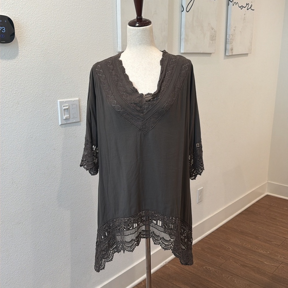 Boutique 9 Crochet Trim Swim Coverup in Charcoal Gray